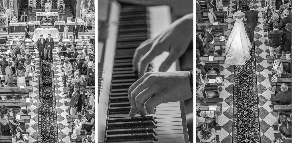 il pianista suona la marcia nuziale, il papà accompagna la figlia lungo la navata della chiesa di correzzola, fino all'altare dove il fidanzato l'aspetta